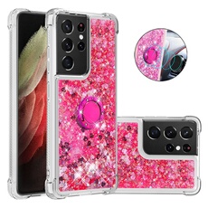 Etui pour FOXDOCK Samsung Galaxy S21 Ultra 5G Bling Flowing Liquid Floating Sparkle Glitter Bumper avec Rotation Ring Kickstand compatible avec