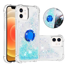 Etui pour FOXDOCK iPhone 12 Bling Flowing Liquid Floating Sparkle Glitter Bumper avec Rotation Ring Kickstand compatible avec iPhone 12 Case-Bleu