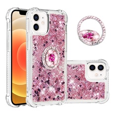 Etui pour FOXDOCK iPhone 12 Bling Flowing Liquid Floating Sparkle Glitter Bumper avec Rotation Ring Kickstand compatible avec iPhone 12 Case-Rose