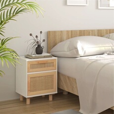 Vidaxl Blanc Table De Chevet Bois De Pin Massif Et Rotin Naturel
