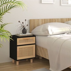 Vidaxl Noir Table De Chevet Bois De Pin Massif Et Rotin Naturel
