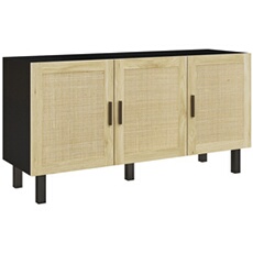 Buffet 3 portes style bohème chic cannage en rotin panneaux aspect bois clair noir