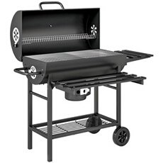 Barbecue charbon de bois avec couvercle 2 roues - 2 tablettes pliables, étagère, thermomètre - acier noir
