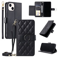 Coque pour iPhone 14 Plus étui portefeuille fin en cuir avec anneau magnétique, porte-cartes et longue sangle compatible avec iPhone 14 Plus-Noir