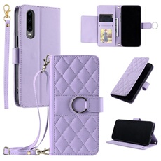 Coque pour Huawei P30 étui portefeuille fin en cuir avec anneau magnétique, porte-cartes et longue sangle compatible avec Huawei P30-Violet