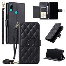 Coque pour Huawei P20 Lite étui portefeuille fin en cuir avec anneau magnétique, porte-cartes et longue sangle compatible avec Huawei P20 Lite-Noir