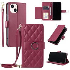 Coque pour iPhone 13 étui portefeuille fin en cuir avec anneau magnétique, porte-cartes et longue sangle compatible avec iPhone 13-Rouge