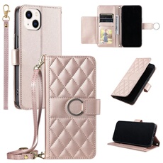 Coque pour iPhone 13 étui portefeuille fin en cuir avec anneau magnétique, porte-cartes et longue sangle compatible avec iPhone 13-Rose