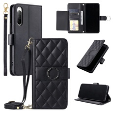 Coque pour Sony Xperia 10 V étui portefeuille fin en cuir avec anneau magnétique, porte-cartes et longue sangle compatible avec Sony Xperia 10 V-Noir