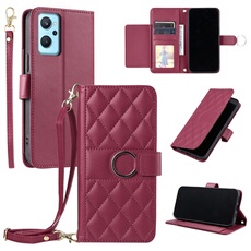 Coque pour Realme 9i 4G étui portefeuille fin en cuir avec anneau magnétique, porte-cartes et longue sangle compatible avec Realme 9i 4G-Rouge