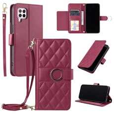 Coque pour Huawei P40 Lite étui portefeuille fin en cuir avec anneau magnétique, porte-cartes et longue sangle compatible avec Huawei P40 Lite-Rouge