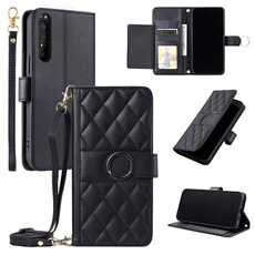 Coque pour Sony Xperia 1 IV étui portefeuille fin en cuir avec anneau magnétique, porte-cartes et longue sangle compatible avec Sony Xperia 1 IV-Noir