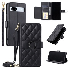 Coque pour Google Pixel 7A étui portefeuille fin en cuir avec anneau magnétique, porte-cartes et longue sangle compatible avec Google Pixel 7A-Noir