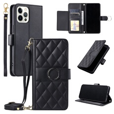 Coque pour iPhone 12/12 Pro étui portefeuille fin en cuir avec anneau magnétique, porte-cartes et longue sangle compatible avec iPhone 12/12 Pro-Noir