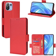 Coque pour Xiaomi Mi 11 Lite 5G/4G étui à rabat magnétique en TPU souple antichoc avec porte-cartes, compatible avec Xiaomi Mi 11 Lite 5G/4G-Rouge
