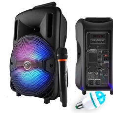 Enceinte Karaoké Mobile Party Dj Sono PA Batterie 8" 400W à LEDs RVB USB/SD/BT + Micro VHF MyDJ Djoon08 + Ampoule DIAMS