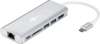 Adaptateur multiport USB-C HDMI 4k30Hz, USB, CR, RJ45, PD, aluminium, argent étend un périphérique USB-C avec un Ethernet, un HDMI, deux USB 3.0 et