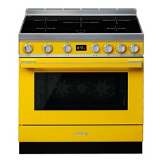 CENTRE DE CUISSON PORTOFINO 90 CM 5 FOYERS INDUCTION PYROLYSE DOUBLE CHALEUR TOURNANTE TRIPLE TURBINE JAUNE