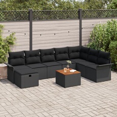 Ensemble de Canapé de Jardin 9 Pièces avec Coussins Noir Poly Rattan