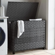 Panier à linge avec roulettes gris 66x35x60 cm résine tressée 372046