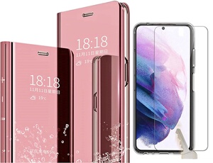 Coque Rabat Miroir Rose + Verre Trempe Pour Samsung Galaxy S22 5G