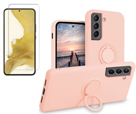 Coque Silicone Pour Samsung S22 5G Couleur Rose Avec Anneau Support + Verre Trempe Protection Ecran