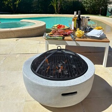 Brasero barbecue rond 2 en 1 - Barbecue et Chauffage - 60.5cm - Acier effet béton - Gris clair - Avec Poignées