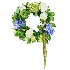 Couronne Décorative Artificielle Fleurs Bleu Blanc Vert Hortensias 58,42cm