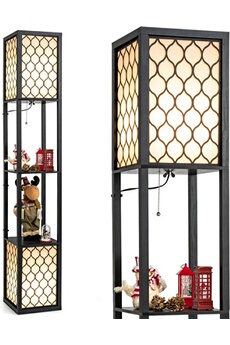 COSTWAY Lampadaire Salon 1,56M 2 Etagères de Stockage Design Scandinave Double Interrupteur 40W 2 Ampoule Non-inclus en Bois