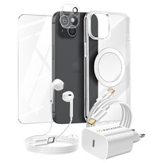Accessoire pour téléphone mobile Mayaxess Pack Essentiel pour iPhone 15 Coque, Verre, Chargeurs, écouteurs (6 pièces) Transparent