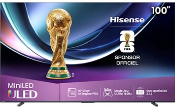 TV Mini LED QLED Hisense 4K UHD 100U7Q PRO 253 cm 2025 - vue 3
