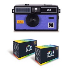 Appareil photo compact Kodak i60 - Appareil Photo Reutilisable 35mm, Style Retro, Sans Mise au Point, Flash Integre Pop-up - Noir et Bleu + 2 Pellicules Couleur 24 Expositions