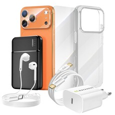 Accessoire pour téléphone mobile Mayaxess Pack Complet pour iPhone 16 Pro Coque, Verre, Chargeurs, Batterie externe, écouteurs (7 pièces) Transparent