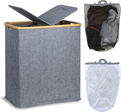 Panier à linge double 140L en bambou et lin - Gris-bleu