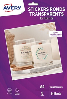 5 feuilles stickers ronds transparents brillants diamètre 4cms Jet d'encre