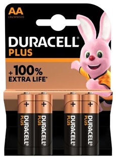 Pack de 4 piles alcalines AA Duracell Plus, 1,5V LR06