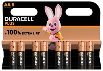 Pack de 8 piles alcalines AA Duracell Plus, 1,5V LR06