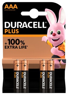 Pack de 4 piles alcalines AAA Duracell Plus, 1.5V LR03