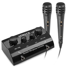 SkyTec AV430B - Table de mixage echo karaoké 2 canaux avec 2 microphones - Noir, avec micros filaires, mélangeur à echo réglable