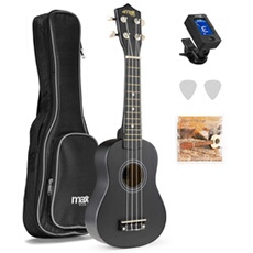 Max UKEY - Pack ukulélé et accessoires - Noir, cordes en nylon, avec un accordeur numérique, 2 médiators