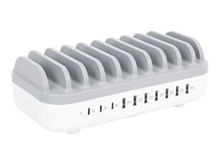 Manhattan Charging Station, 10x Ports: 3x USB-C (up to 18W PD) and 7x USB-A (up to 12W), 120W Total Output, White/Grey, Three Year Warranty, Box -