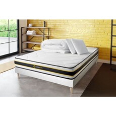 Pack Matelas Flexy - Ressorts ensachés et mémoire de forme - Ep : 22cm - Sommier kit Blanc avec couette et 2 oreillers