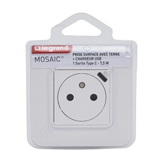 - Prise encastrée 2P+T 16A avec chargeur USB-C 1,5A complet - Mosaic - blanc