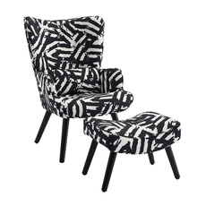HOMEMIYN Fauteuil à oreilles, aspect lin, motif lignes noir et blanc, avec coussin et repose-pieds