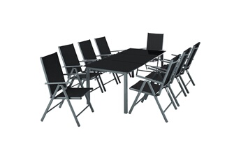 TECTAKE Salon de Jardin avec 8 Chaises Pliantes et 1 Table en Verre et en Aluminium Gris Noir
