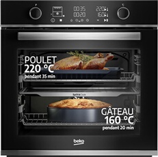 Four encastrable Multifonction 72 15 fonctions dont Chaleur pulsee Cuisson 3D nettoyage Pyrolyse Rails telescopiques : 2 niveaux fermeture douce Porte froide commandes boutons et touches sensitives filtre anti odeur Classe A coloris Inox