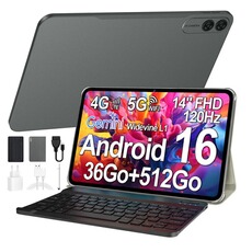 Tablette tactile GENERIQUE Tablette 14 Pouces Android 16 – 36Go RAM + 512Go ROM – 4G LTE – Écran Full HD+ – Batterie 9800mAh – WiFi & Bluetooth – Noir