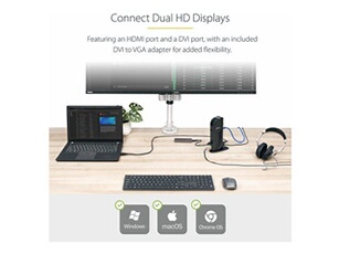 Station d'accueil USB 3.0 universelle double affichage pour PC portable - Réplicateur de ports HDMI / DVI avec GbE - Noir - Station d'accueil - USB -