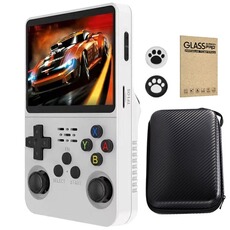 Console rétrogaming szsmart Console portable rétro R36S 3,5" IPS 128 Go système ouvert 28+ émulateurs 40000+ jeux coques griffes de chat + boîtier fibre carbone - Blanc