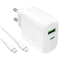 Chargeur mural Puro Daily Prolite 45W avec ports USB-C et USB-A incluant un câble USB-C de 1,2 m pour appareils électroniques
